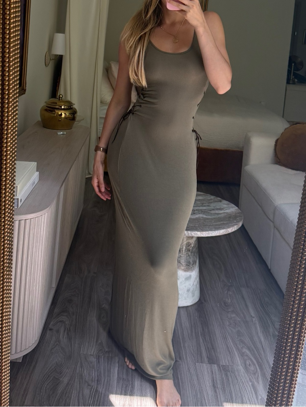 Guess sage green ribbed Maxi tank Dress side lacing details S